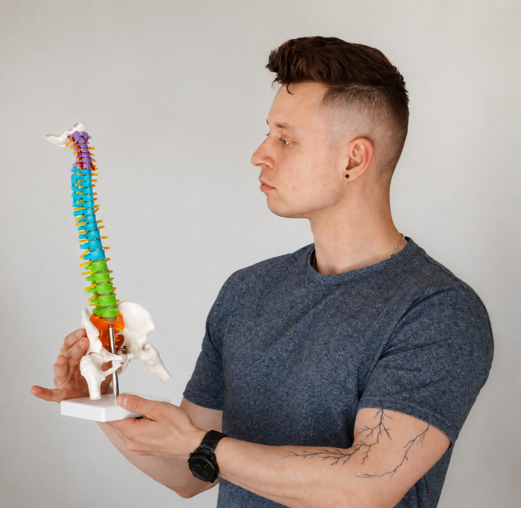 Ilja Panin erläutert die Biomechanik am Wirbelsäulen-Modell in Jena, um Klienten die Belastung der Bandscheiben und die Wirkung von Stabilitätstraining zu verdeutlichen.