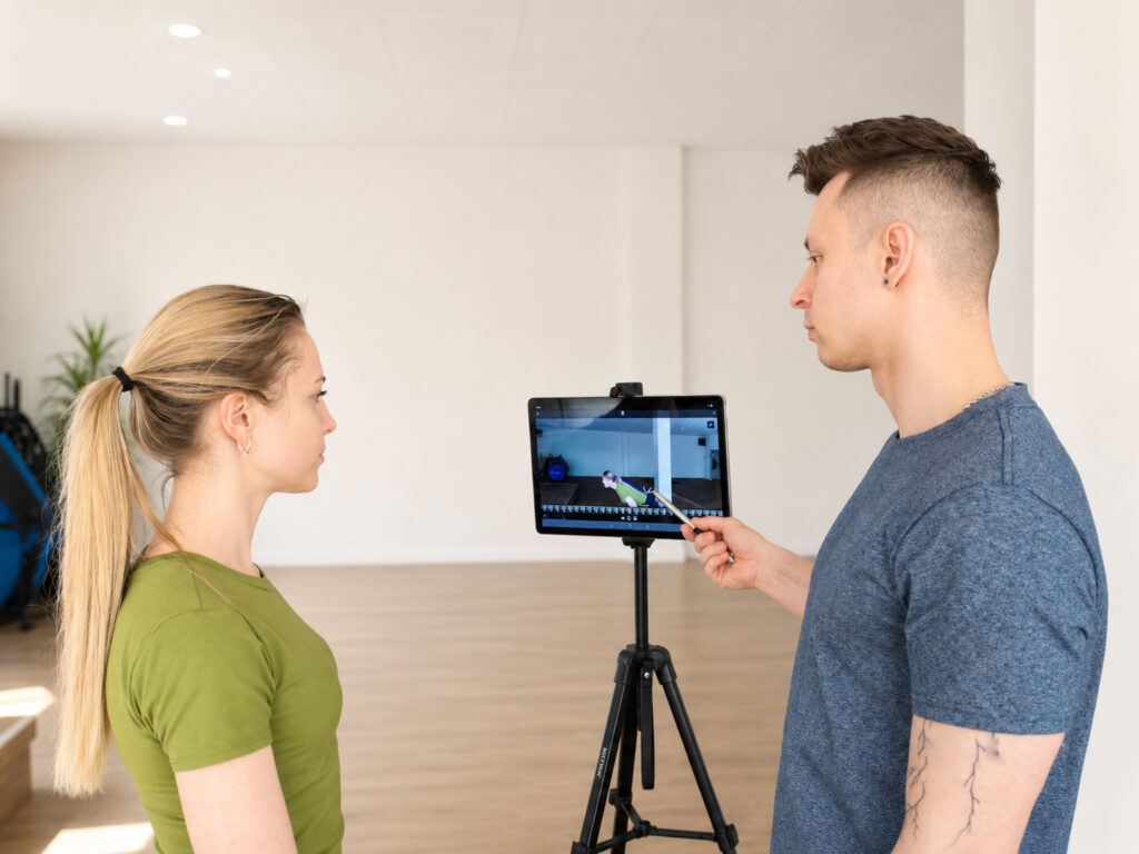 Gezielte digitale Rücken-Analyse am Tablet durch Schmerzcoach Ilja Panin in Jena zur Erstellung individueller Trainingspläne für Klienten mit Rückenbeschwerden.
