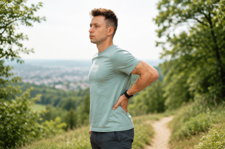 Schmerzcoach Ilja Panin beim Wandern in Jena zeigt eine Haltung mit Hohlkreuz (Extension) im Stehen – ein typischer Auslöser für Rückenschmerzen durch Kompression der Wirbelsäule im Alltag.